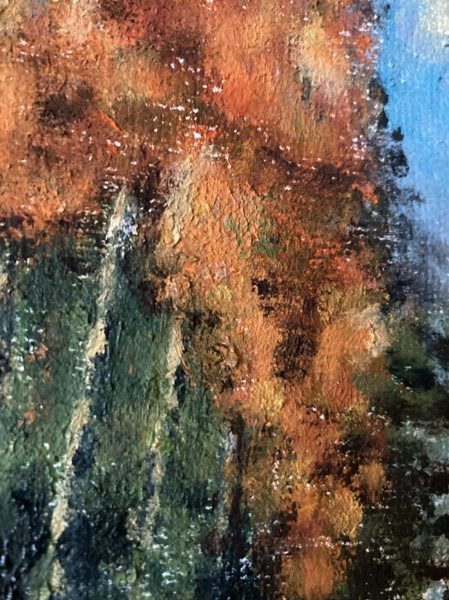 Emily Mae - jesenná krajinomaľba, olejomaľba lesa, zarámovaný obraz na stenu
