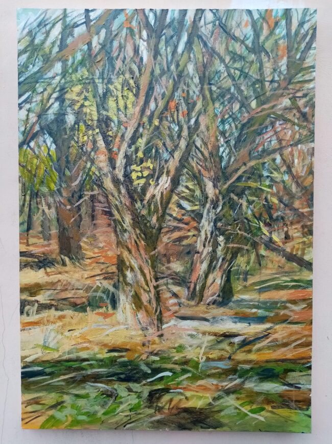Milan Laciak - akrylová krajinomaľba, ručne maľovaný obraz prírody, stromy v lese