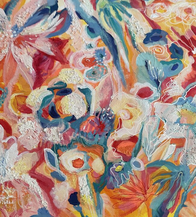 Kvetinové ráno - pestrofarebná abstraktná akrylová maľba od umelkyne Karin Mikulášovej