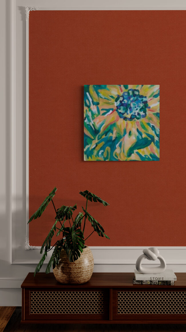 Nostalgická slnečnica - abstraktná akrylová maľba, obraz na predaj Karin Mikulášová