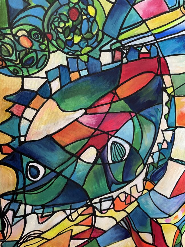 Balada o modrej rybe - pestrofarebná abstraktná akrylová maľba od umelkyne Karin Mikulášovej