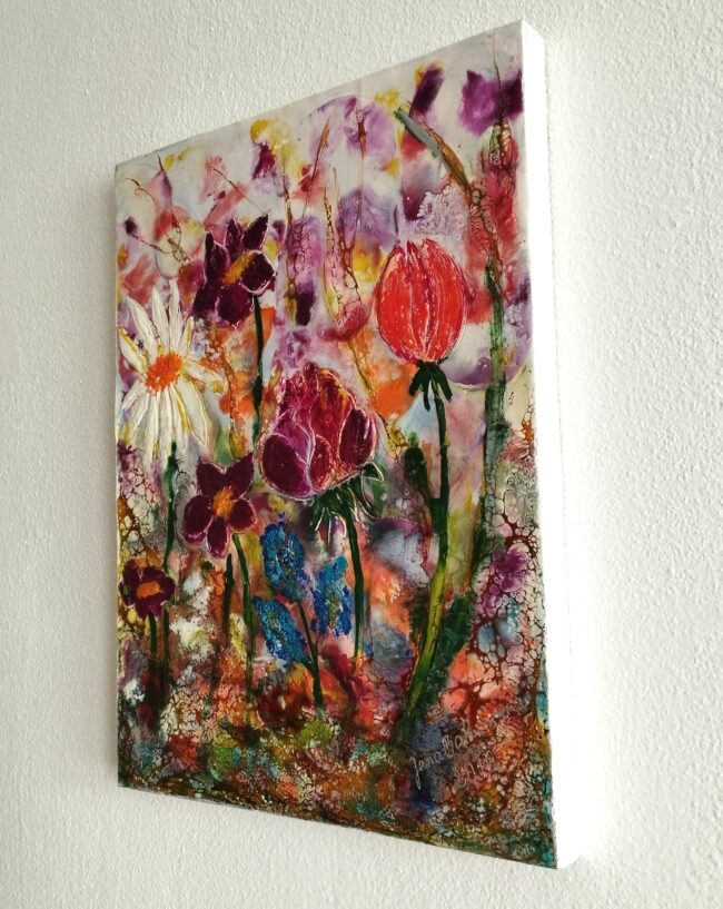 Kvety - dekoratívna maľba enkaustikou kvety, autor: Jana Bakičová