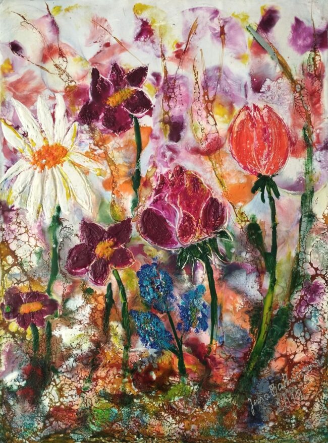 Kvety - dekoratívna maľba enkaustikou, autor: Jana Bakičová
