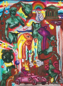 Roman Ďurček- Triptych: Oltár súčasnosti: Dávid, 2023, priemyselná metalická medená farba (medený prášok), kyselina močová, oxidácia, suchý pastel, olej, akryl, plátno 110 x 80 cm