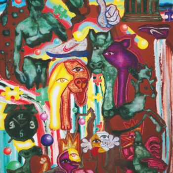 Roman Ďurček- Triptych: Oltár súčasnosti: Dávid, 2023, priemyselná metalická medená farba (medený prášok), kyselina močová, oxidácia, suchý pastel, olej, akryl, plátno 110 x 80 cm